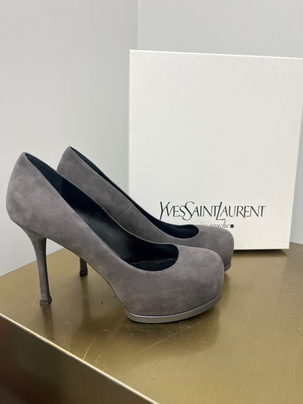 Yves Saint Laurent Gray Suede Platform Stiletto Pumps